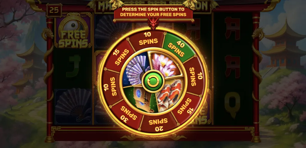 The Double Symbol Wheel over the darkened reels, with spin totals around the outer ring and four picture symbols inside