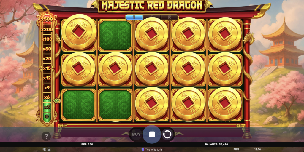 Majestic Red Dragon Bonus Game coin grid and multiplier ladder
