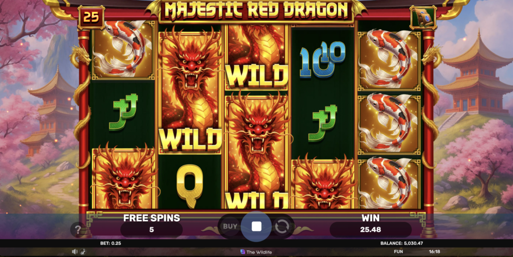 Majestic Red Dragon Free Spins reels with stacked dragon Wilds